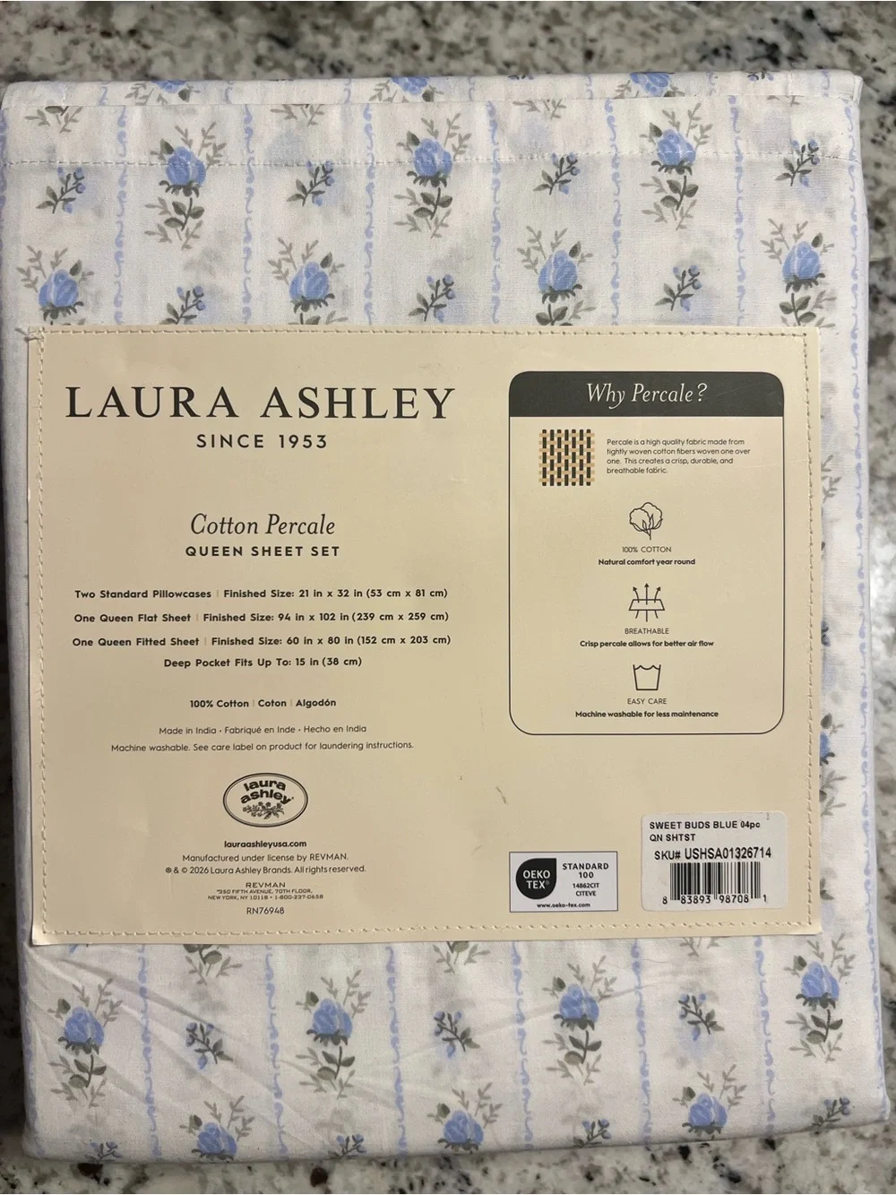 Laura Ashley Sweet Buds Blue Floral Cotton Percale Queen Sheet Set